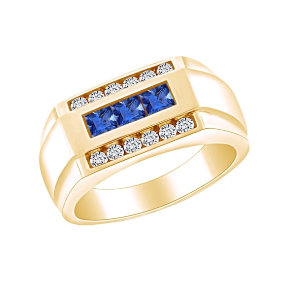 AFFY Father's Day Gift 1 Carat (Cttw) White Natural Diamond & Simulated Blue Sapphire Men's Statement Ring In 10k Solid Yellow Gold Ring Size-9