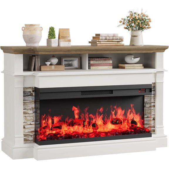 Vecenuy Fireplace TV Stand for TVs up to 65", Farmhouse 52" Fireplace Entertainment Center with 36" 3-Side Glass Electric Fireplace, TV Console with Open Storage Shelves for Living Room, Antique Whit