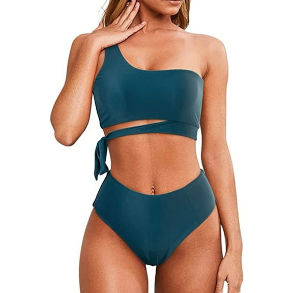 Women One Shoulder High Waisted Bikini Tie High Cut Two Piece Swimsuits,women's high waist sexy bikini swimsuit