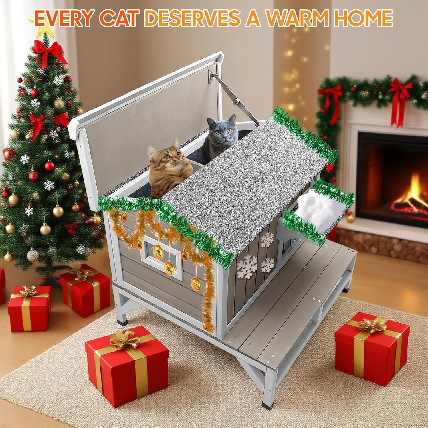 PETSCOSSET Cat House for Outdoor, Insulated Wooden Pet House with Raised Base & Openable Roof, Gray