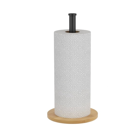 Armastuse Wooden Paper Towel Holder Countertop, Black Stainless Steel Base with Non-Slip Pad - Freestanding Kitchen Roll Stand for Kitchen, Living Room,Bathroom