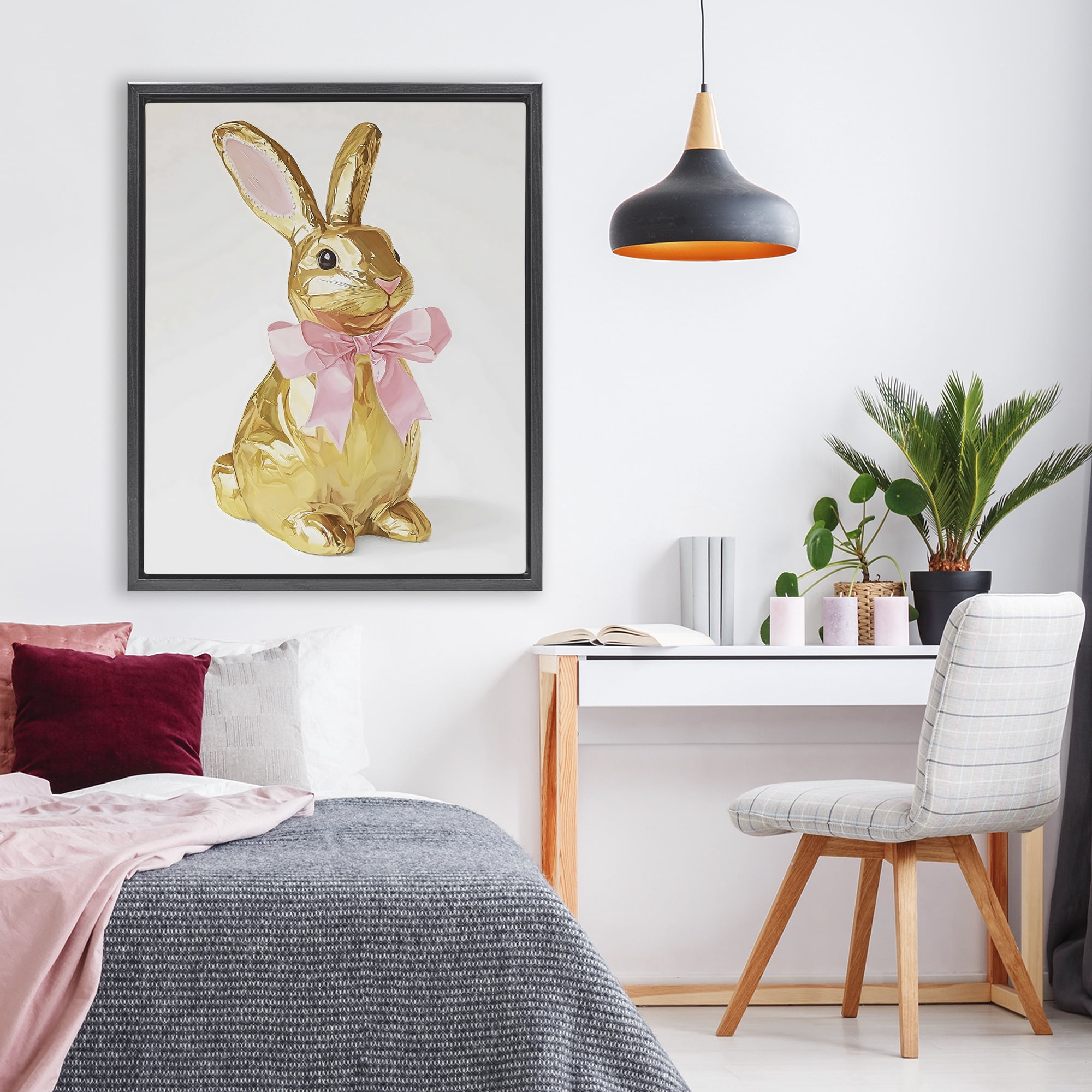 Stupell Industries Golden Easter Bunny with Ribbon Black Framed Floater Canvas Wall Art, design by The Prints Vibe