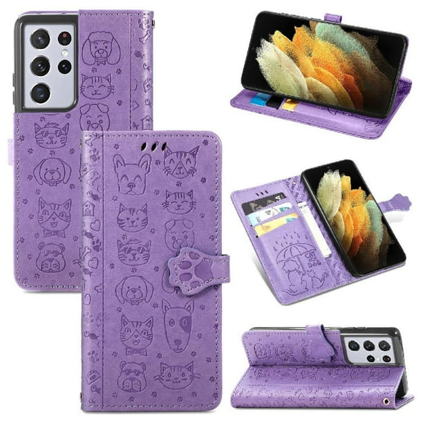 Funda Cartera FOXDOCK para Samsung Galaxy S21 Ultra , Flip PU con Relieve de Gatos y Perros, Tarjetero y Soporte
