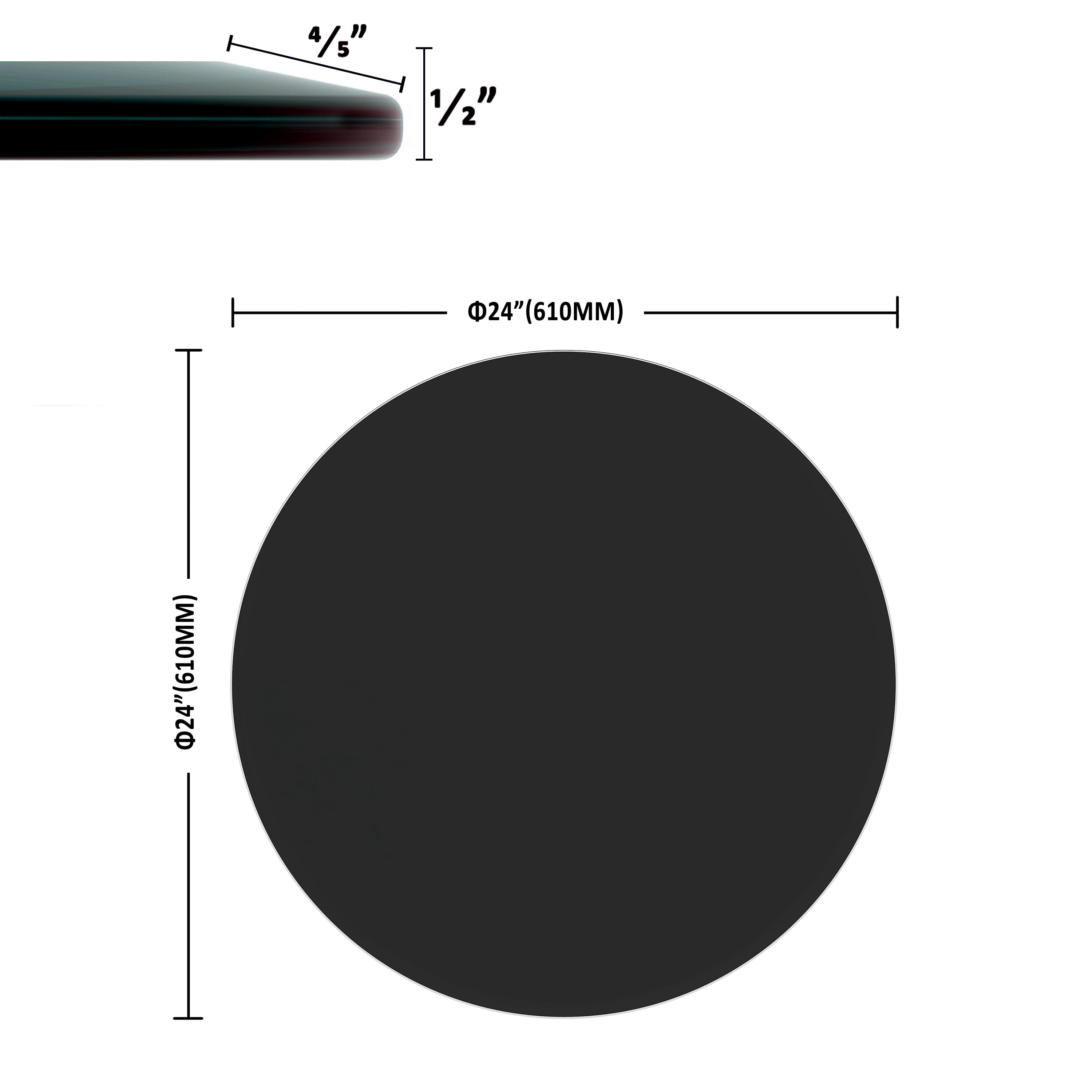 MAYEERTY 24" Round Tempered Glass Table Top, 1/2" Thick Beveled Polished Edge, Black