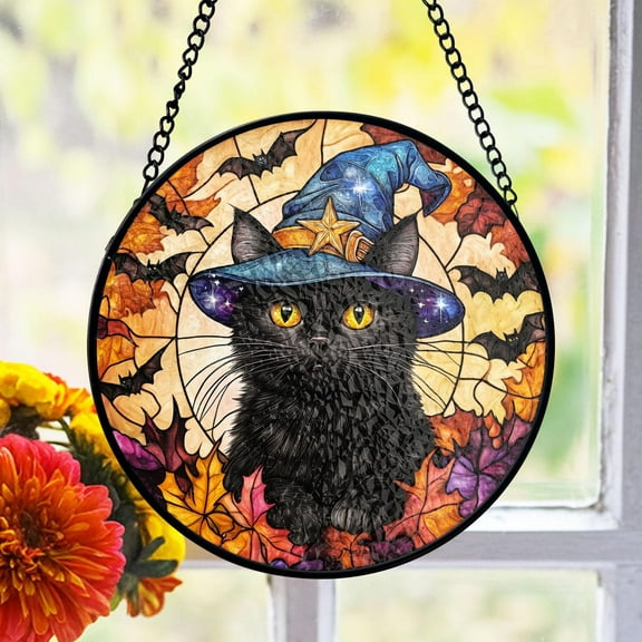 Black Cat Stained Glass Suncatcher, Witch Hat Halloween Decor, Spooky Fall Theme, Cat Lovers Gift, Home Window Accent