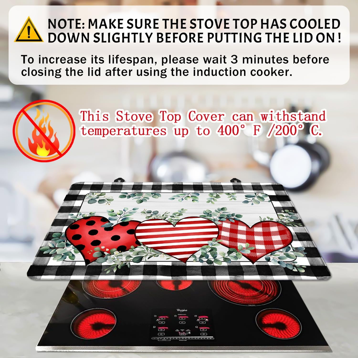 Valentines Day Stove Top Cover Love Heart Gas Stove Top Cover for Home Decoration Kitchen Pad Eucalyptus Leaves Non-Stick Washable Cooktop Covers Countertop Protector Keep Stove Clean Black