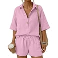 thumbnail image 5 of Women's Cotton Linen Solid Two Piece Outfit Casual Stylish Short Sleeve Shirt With Elastic Waist Shorts Breathable Lightweight Comfortable Summer Daily Wear Pink S, 5 of 8