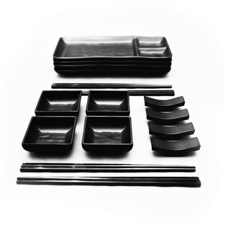 Goliber Sushi Dinnerware 16 Pieces - Sushi Plate Set - Includes 4 sushi plates and soy sauce bowls, 4 Chopsticks, 4 Chopstick Holders Sushi Set For 4 Sushi Kit
