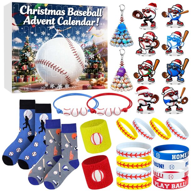 Decoraciones navideñas, adornos navideños, regalos de Navidad, set de regalo de cuenta regresiva navideña para jóvenes entusiastas del béisbol, cajas navideñas