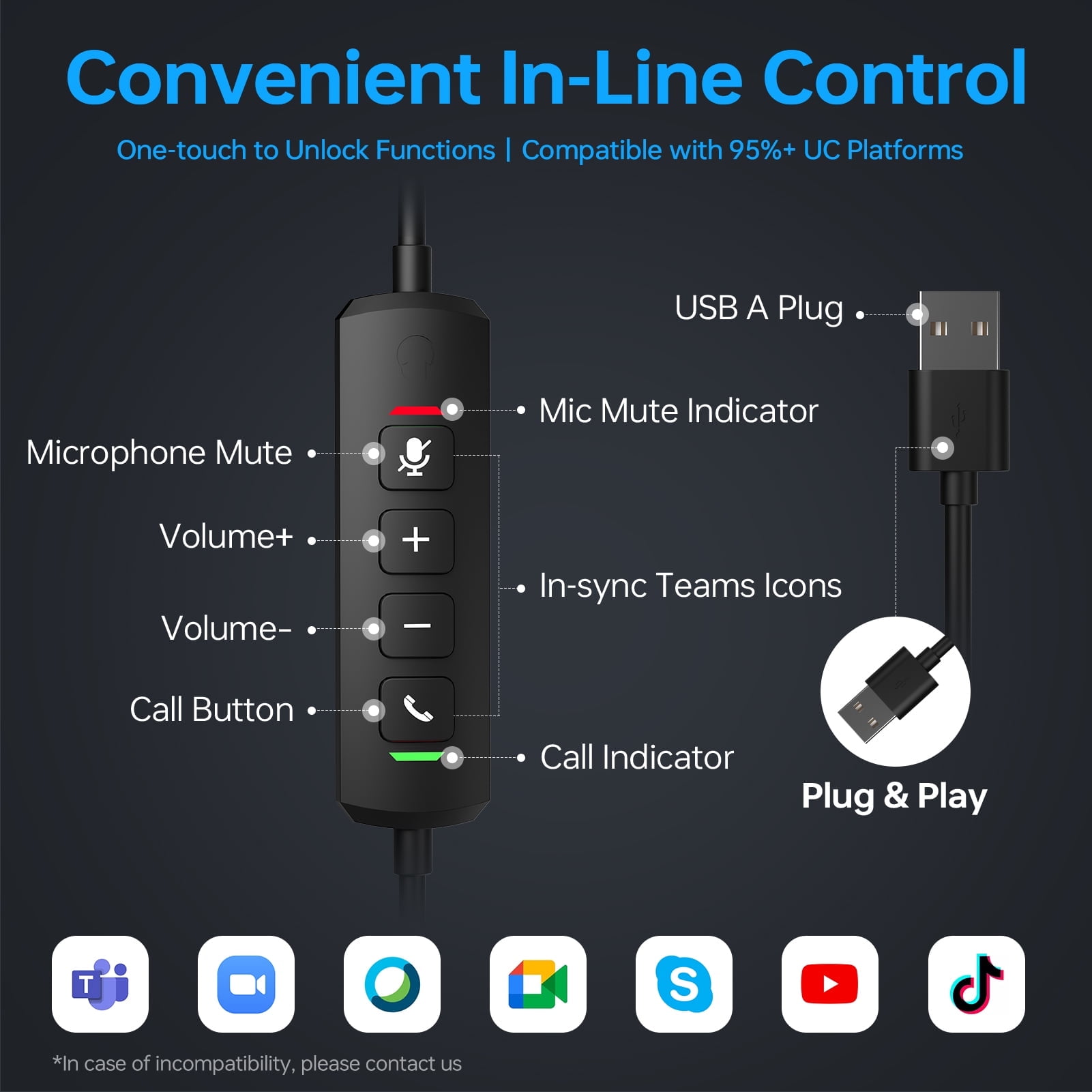 Blucalm Wired USB Headset with Mic for PC, Laptop, AI Noise Canceling Headphones with In-Line Control for Teams, Zoom, Skype, On-Ear Computer Headset with Microphone for Home/Office/Call Center