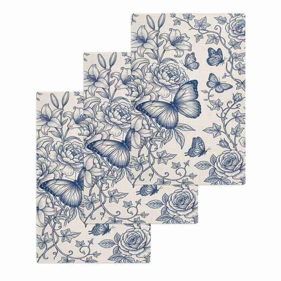 Blue Floral Butterfly Kitchen Dish Towels for Drying Dishes Set of 3, Vintage Flowers Botanical Waffle Weave Microfiber Hand Tea Bathroom Towels Quick Dry & Absorbent Towel 15.7x23.6