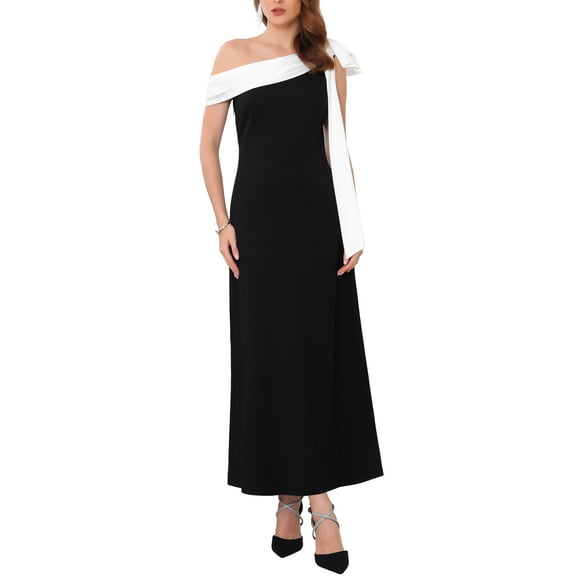 INSPIRE CHIC Women's Evening Dress One Shoulder Bow Wedding Guest Bridesmaid Cocktail Prom A-Line Maxi Dresses S Black