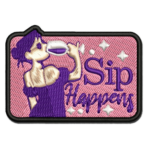 Sip Happens Wine Woman Applique Multi-Color Embroidered Iron-On Patch - 2.5 Inch Small