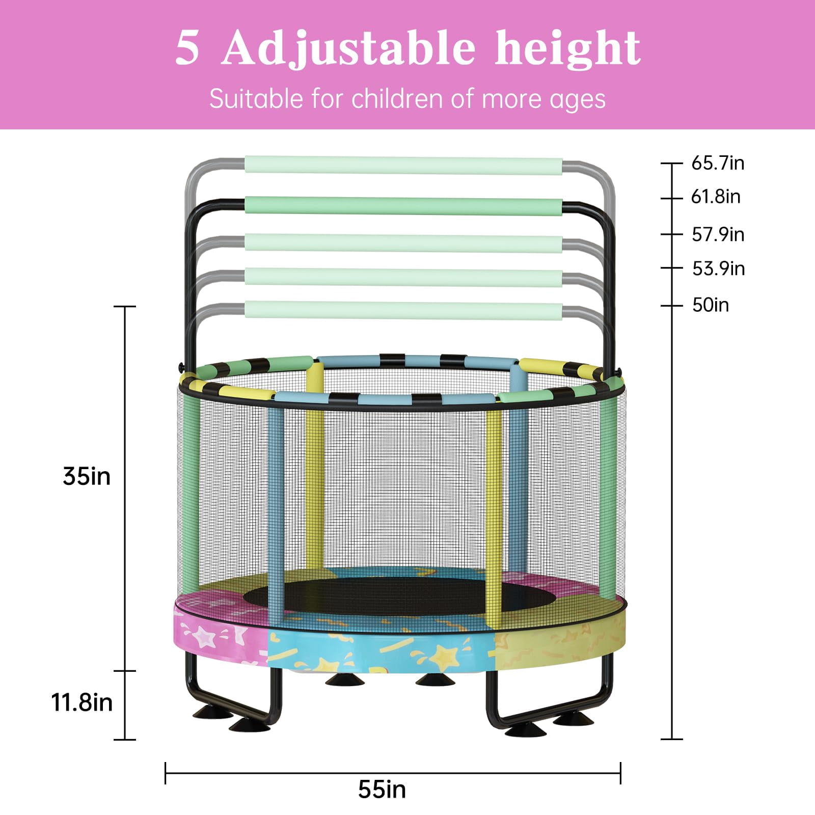 Baxluxe 55" Kids Trampoline with Safety Net, 7-in-1 Adjustable Height Design, 500lbs Weight Capacity for Indoor & Outdoor Use, Fun Mini Trampoline for Children Ages 3-8 Years Old, Colorful