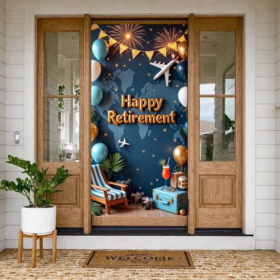 Gold Glitter Retirement Banner World Map Party Backdrop Airplane Accent Tropical Leaf Celebration Display for Retirement Party Retiree Gathering Indoor Photo Shoot