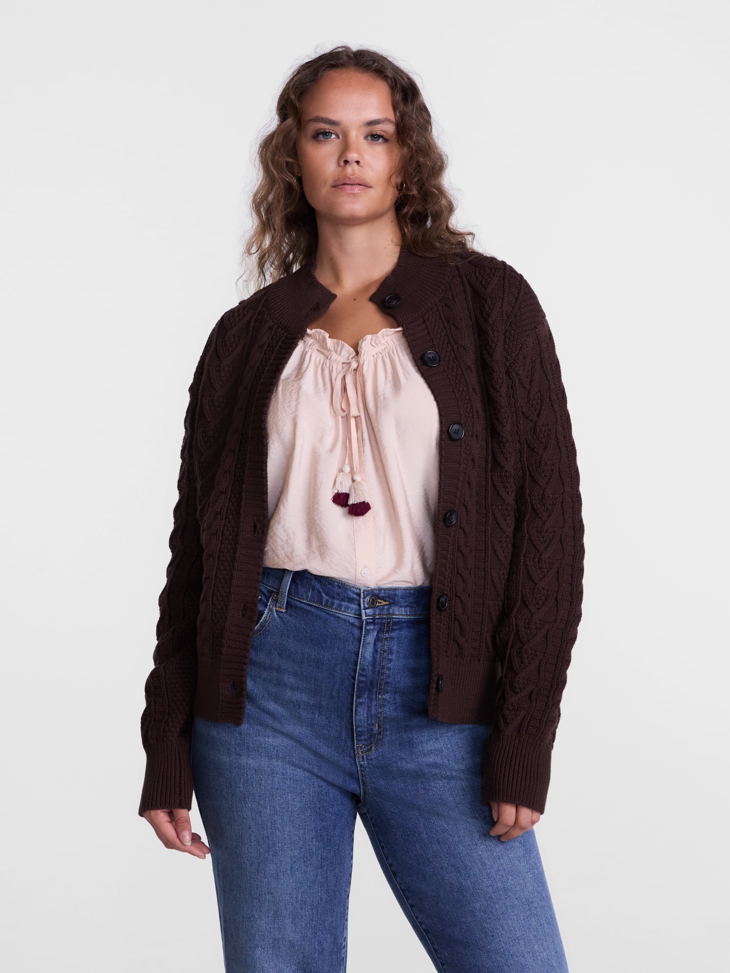 Scenario Woman's Cable Cardigan Sweater with Long Sleeves, Mid-weight, Sizes XS-XXXL