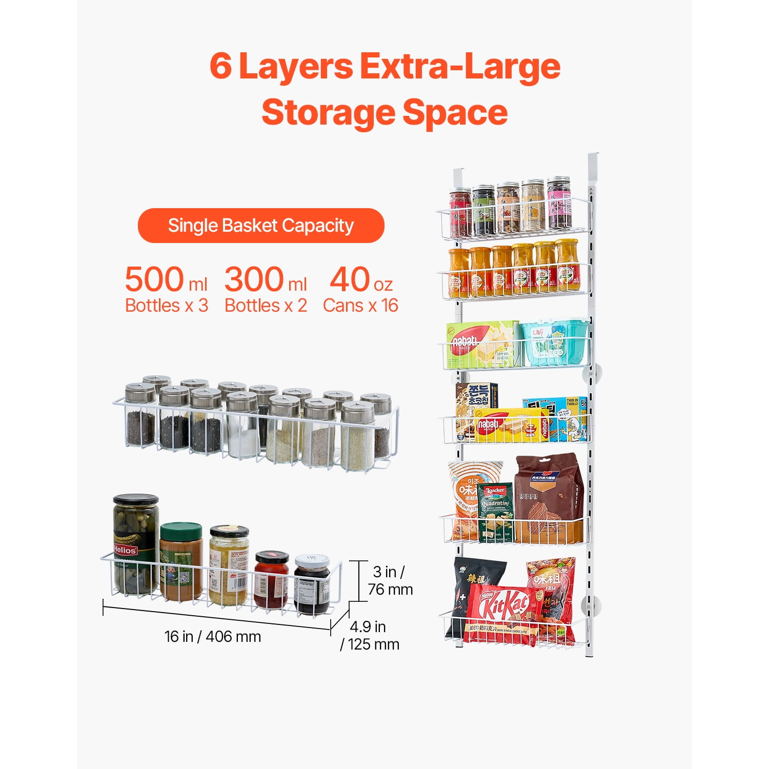 KFFKFF Door-Mounted Pantry Organizer, 6-Level Storage Solution, Robust Steel Constructed Spice Holder, Wall-Mounted Adjustable Seasoning Racks, Suitable for Kitchen, Laundry Room, Bathroom, White