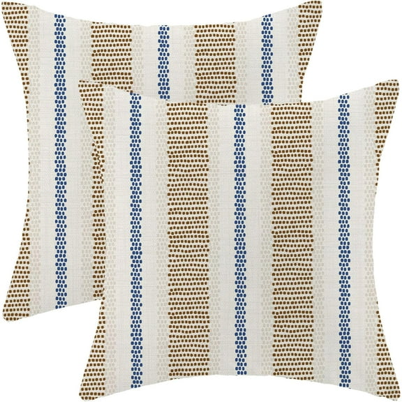 Brown Navy Blue Outdoor Pillow Covers 20 x 20 Inch, Beige Polka Dots Stripe Decor Throw Pillows for Couch Bed, Boho Modern Farmhouse Decorative Pillowcase Linen Cushion Cover Set of 2