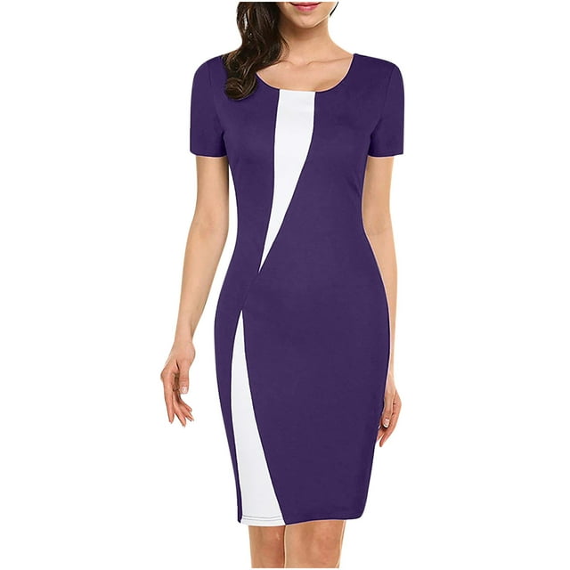 Robe Crayon Décontractée d'Été pour Femmes Manches Courtes Robe Tunique Moulante Col Rond Ajustée Extensible pour le Travail d'Affaires