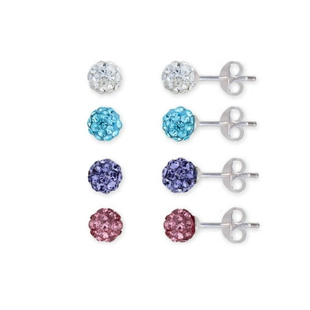 Pave Set Earrings - 4.5mm Pave Crystal Fine Silver Plated Ball Stud 4-Piece Earrings Set