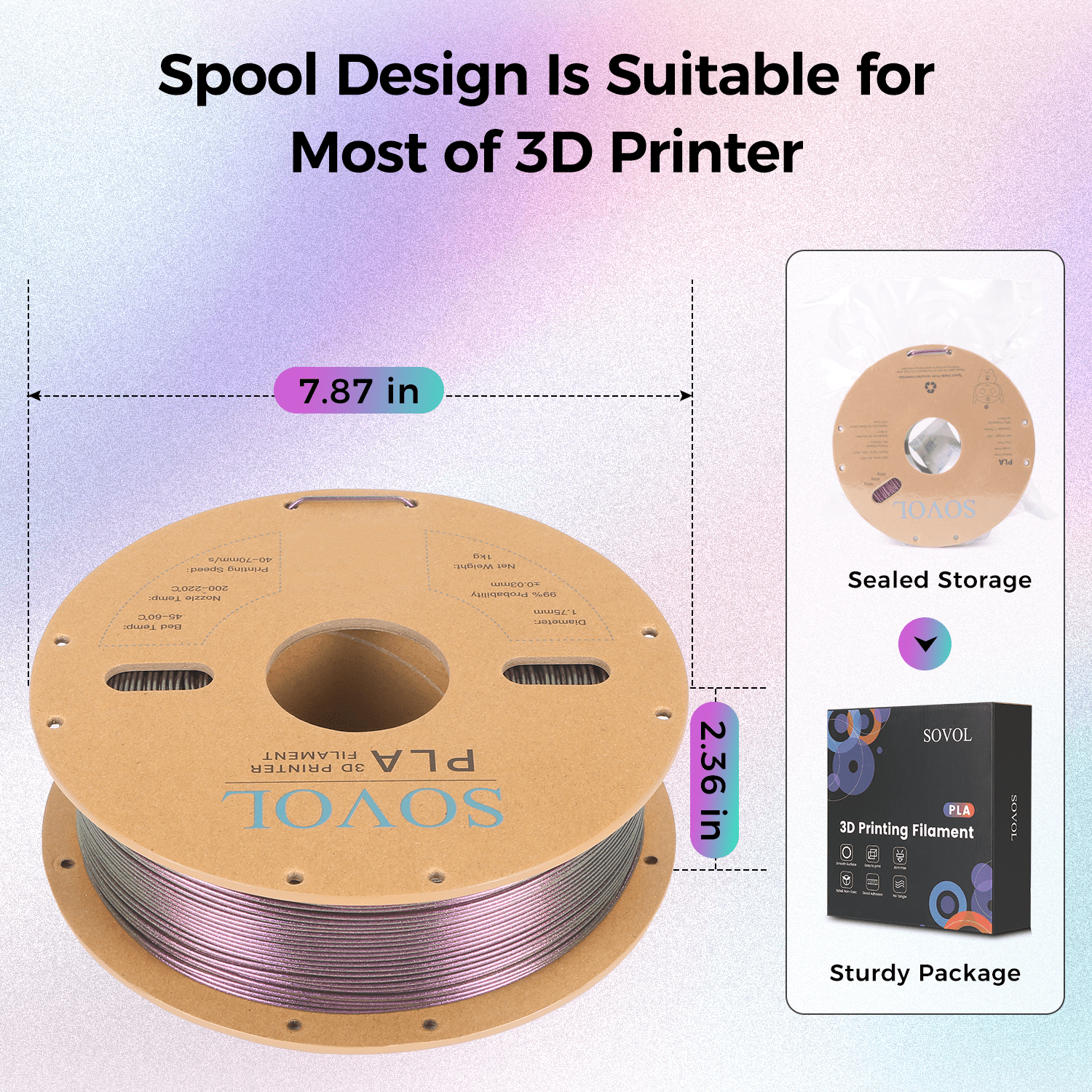 Sovol Silk PLA Filament with Purple Glitter 1kg 1.75mm, Color Changeable 3D Printer Filament 2.2lbs, Chameleon Shiny PLA Material +/-0.03mm, Shimmering 3D Printing Filament, Galaxy Purple