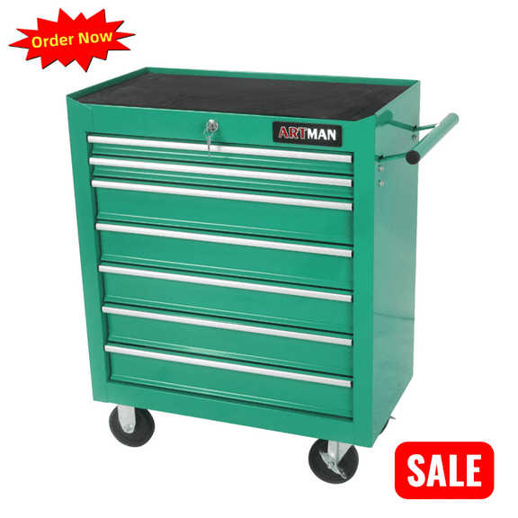 Tcbosik 7-Drawer Rolling Tool Chest, Heavy Duty Lockable Tool Storage Cabinet with Wheels for Garage, Warehouse, Workshop, Green
