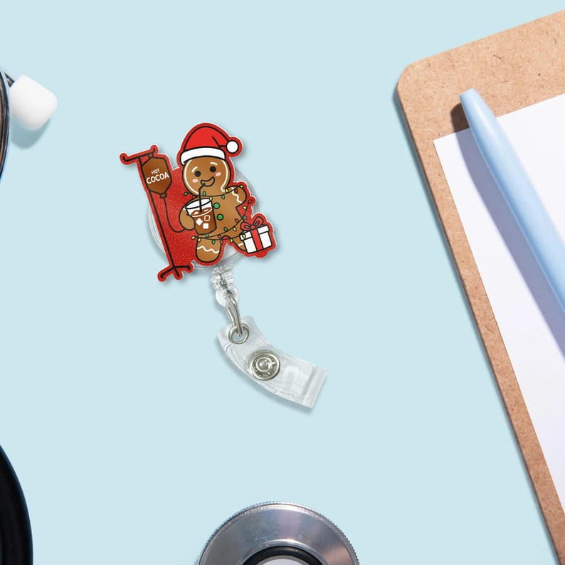 TiniDecor Gingerbread Hot Cocoa Badge Reel, Christmas Retractable ID Holder, Cute Nurse Gift