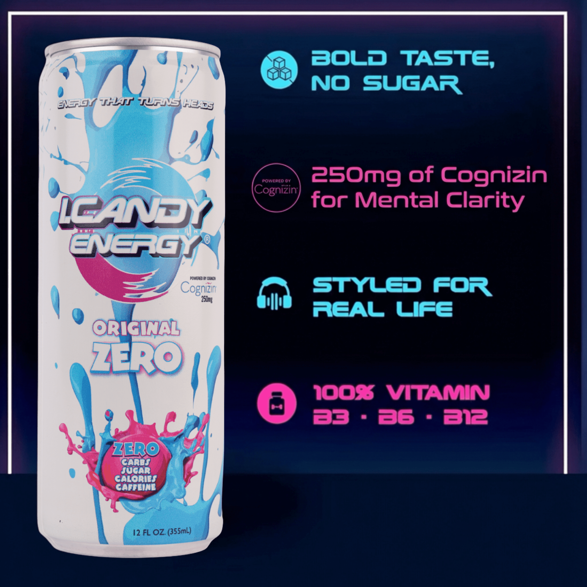 I.Candy Energy Drink – Original Zero, Sugar-Free, Calorie-Free, Carb-Free Energy Beverage, 12 fl oz, 24 Pack