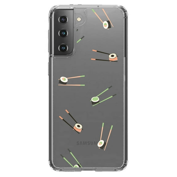 DistinctInk Clear Shockproof Hybrid Case for Galaxy S21  PLUS 5G (6.7" Screen) - TPU Bumper, Acrylic Back, Tempered Glass Screen Protector - Sushi with Chopsticks - Pastels