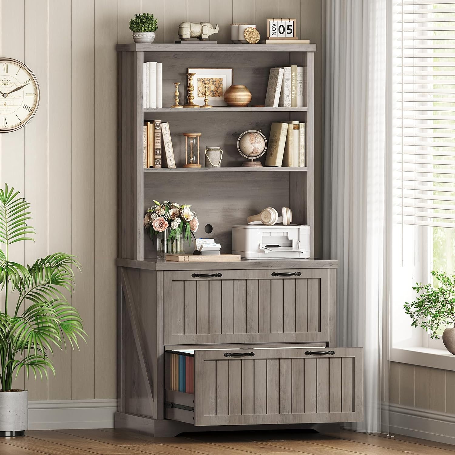 Farmhouse 2 Drawer Filing Cabinet for Home Office Grey | File Cabinet for Home Office Wood Tall Office Filing Cabinet with Storage Shelves and Bookshelf fits Letter/Legal/A4 Size