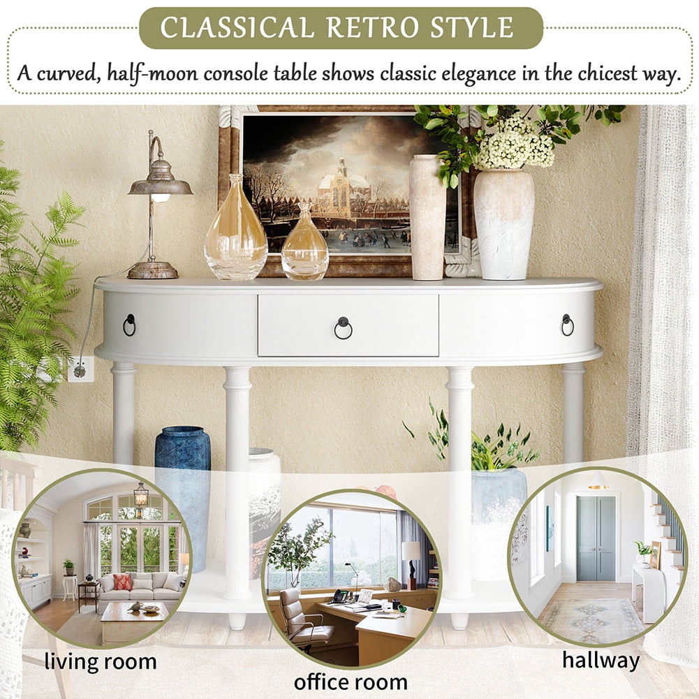 Lowestbest Retro Curved Console Table, Half Moon Entry Table, Solid Wood Frame and Legs with Single Drawer (White) Lowestbest Retro Curved Console Table, Half Moon Entry Table, Solid Wood Frame and Legs with Single Drawer (White)