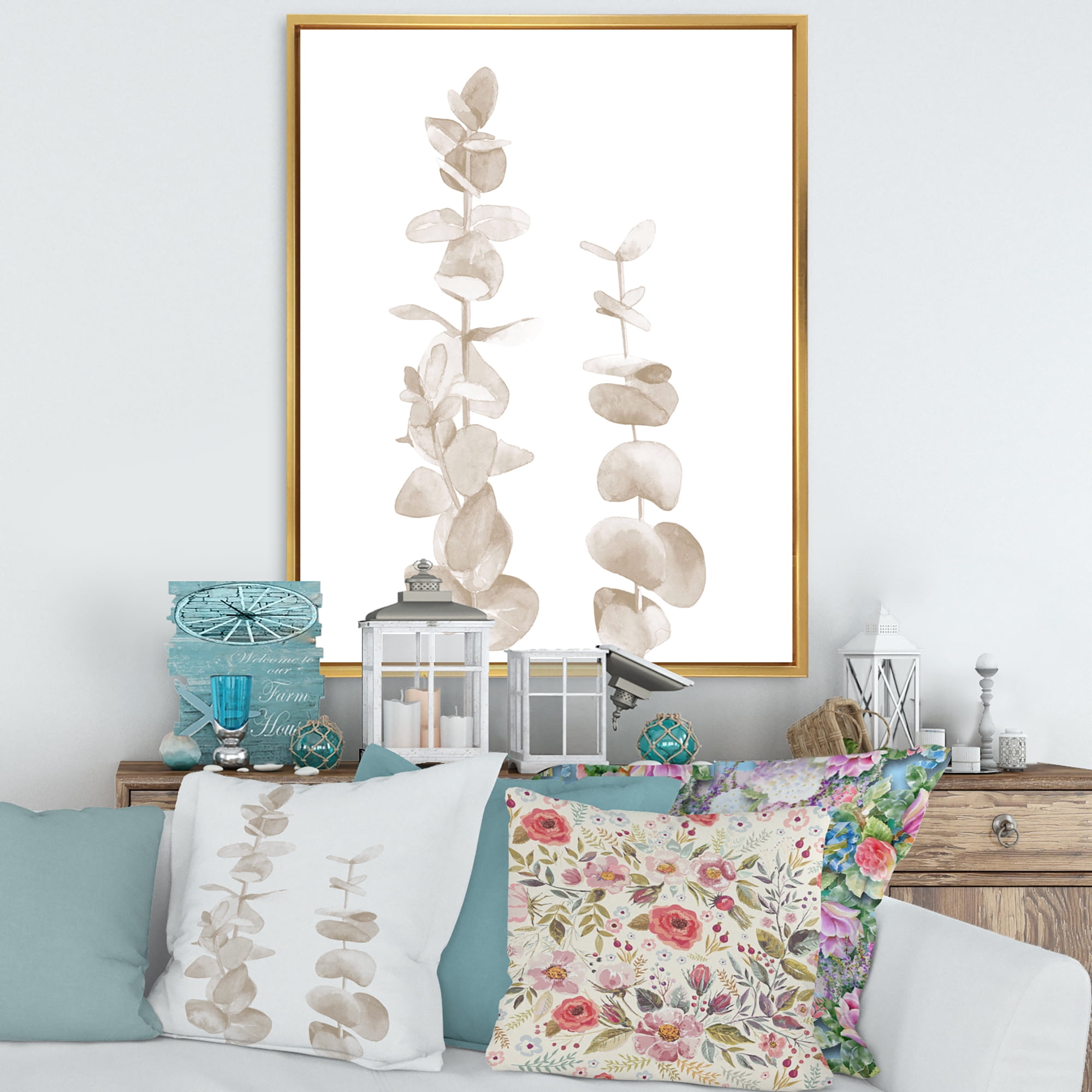Designart 'Grey Eucalyptus Branches On White' Traditional Framed Canvas Wall Art Print