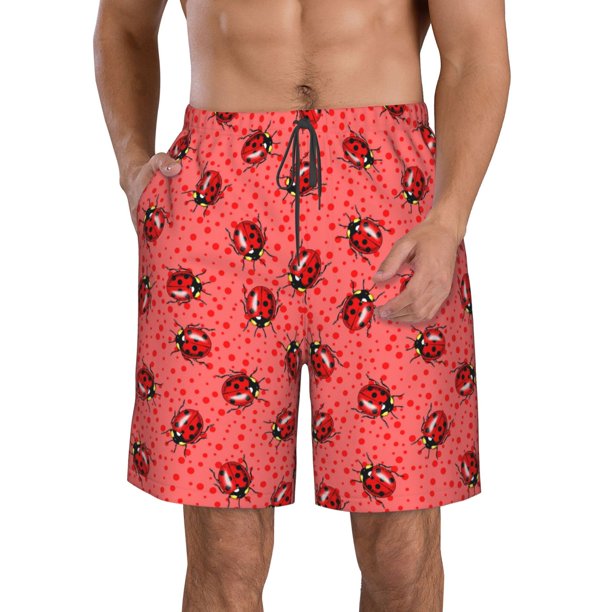 Balery Ladybugs On Red Polka Dot Traje de Baño Estilo Hawaiano para Hombre, Shorts de Secado Rápido con Bolsillos-Large