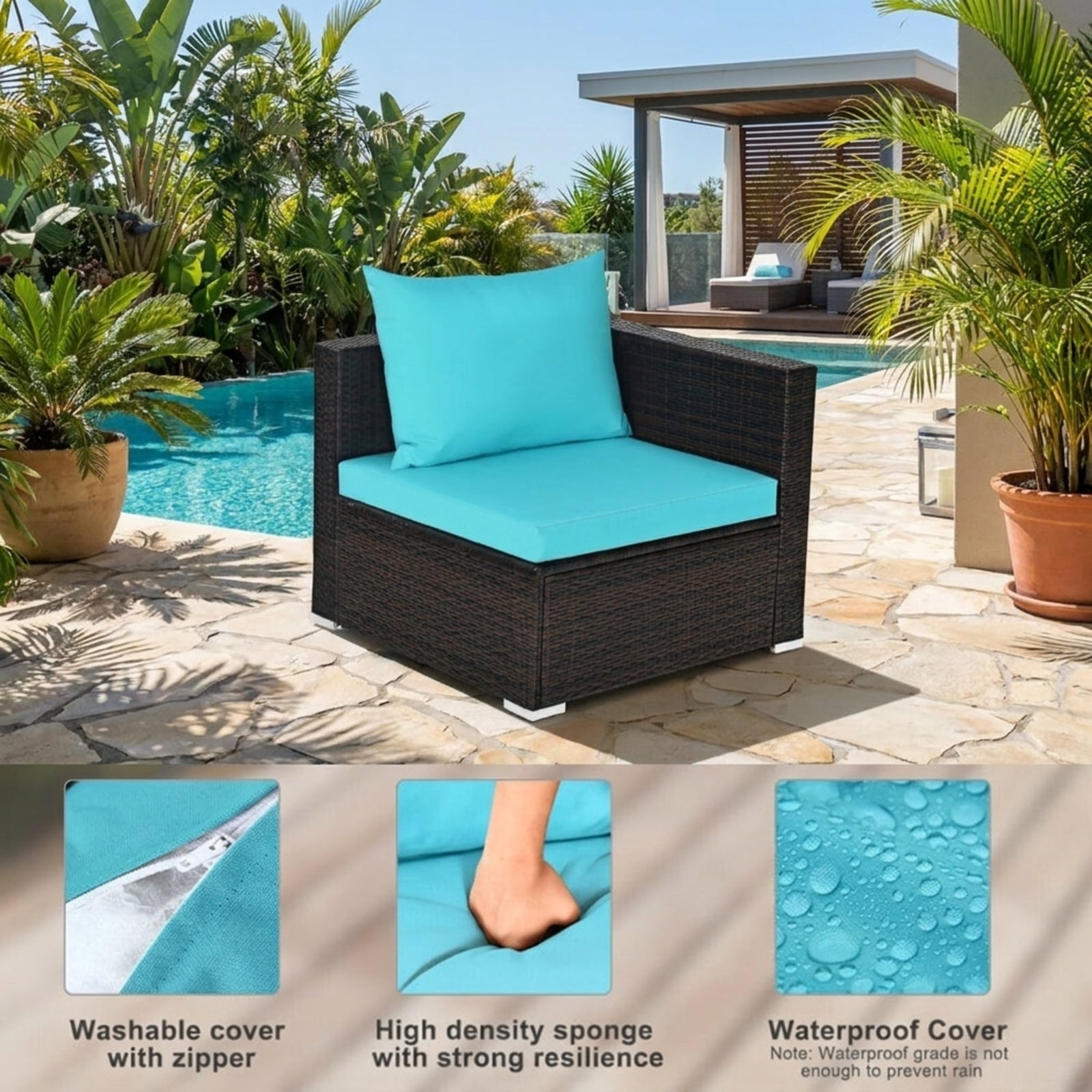 Biotree Patio Furniture Set 5 Pieces Rattan Outdoor Sectional Conversation Set with Ottoman and Coffee Table for Garden Backyard Porch, Turquoise