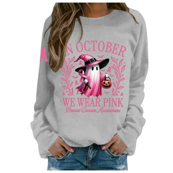 Wovix Women in October Pink Sweatshirts Breast Cancer Pumpkin Ghost Basic Shirt Halloween Long Sleeve Crewneck Tops