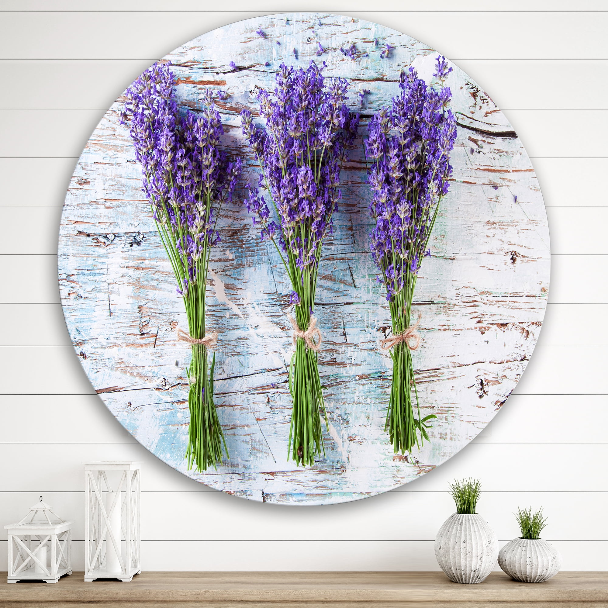Designart 'Fresh Lavender Bouquets On Wood' Farmhouse Circle Metal Wall Art 36x36 - Disc of 36