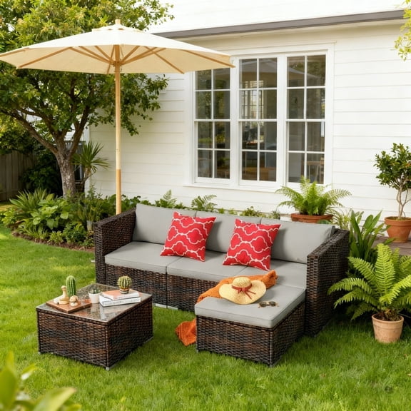 5 Pieces Patio Furniture Set Clearance, Jolifa Outdoor Sectional Patio Sofa, Conversation Patio Set with Cushions and Glass Coffee Table