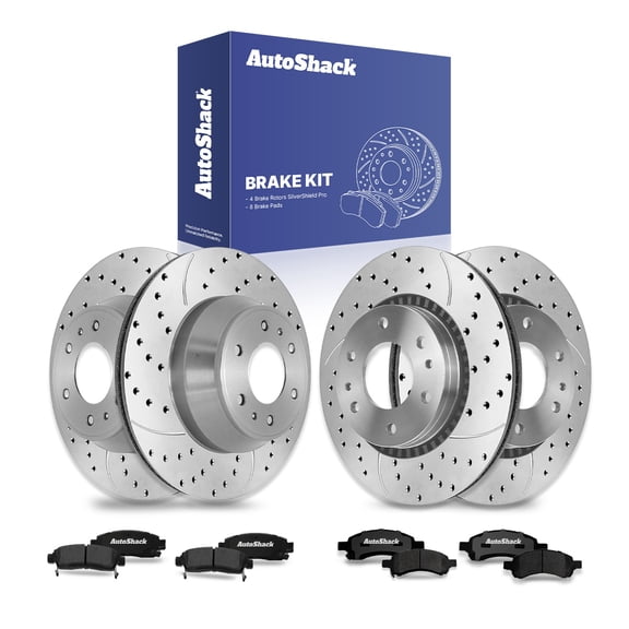 AutoShack Front Vented & Rear Vented Drilled & Slotted Silver Zinc Coated Brake Rotors   Ceramic Pads 12-PC Brake Kit Replacement for 2006-2009 Chevrolet Trailblazer SilverShield Pro
