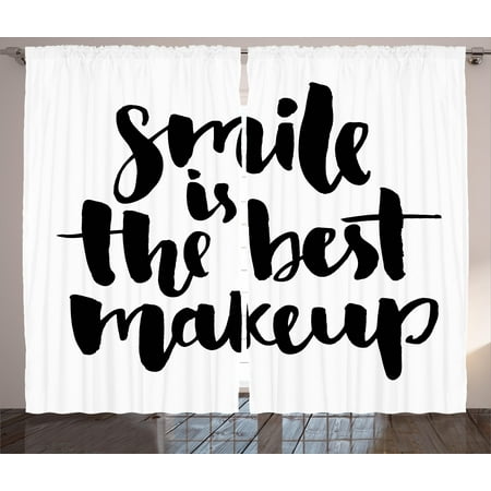 Quote Curtains 2 Panels Set, Smile is the Best Makeup Inspirational Phrase Hand Written Daily Motivations, Window Drapes for Living Room Bedroom, 108W X 63L Inches, Black and White, by