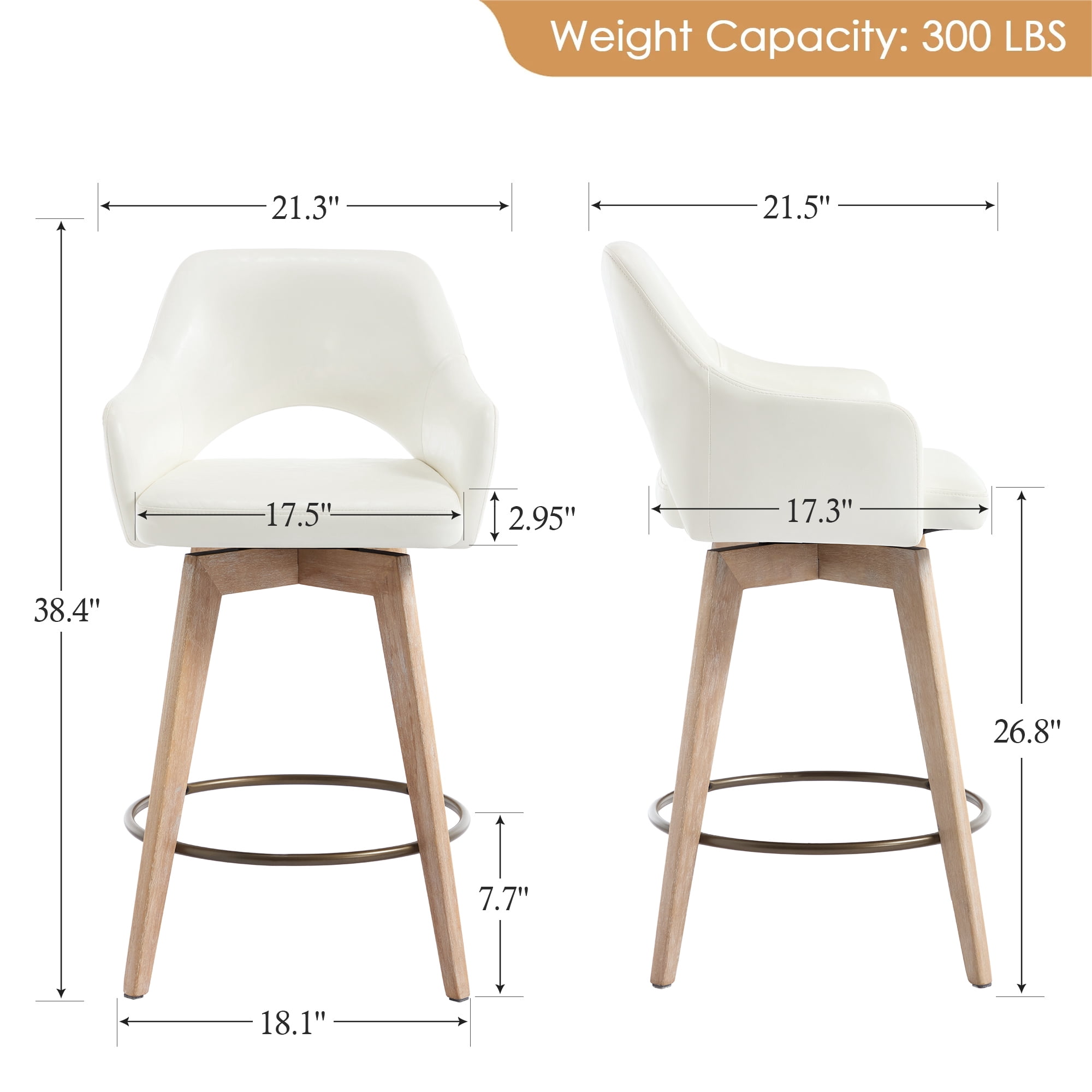 Zesthouse 26.8″ Swivel Counter Height Bar Stools Set of 2, Upholstered Faux Leather Bar Stools with Back and Wood Legs, Mid Century Modern Barstool Island Chairs for Kitchen Counter, Cream