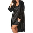 thumbnail image 4 of Womens Soft Pajama Clearance- Sexy Long Sleeve Lace Solid Color Silk Satin Bathrobes Plus Size Robe Sleepwear Black Size L, 4 of 8