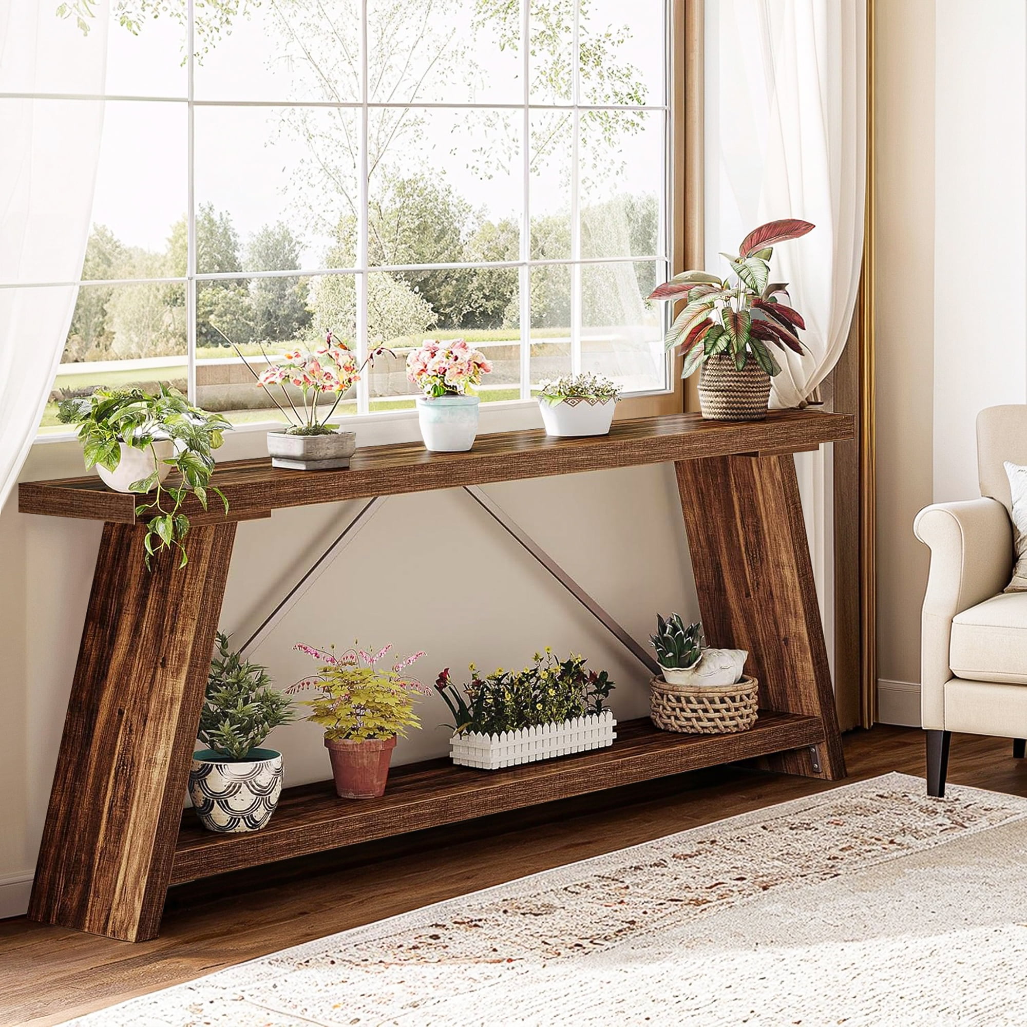 Demi Bonn 70.9" Console Table, Rustic Vintage Narrow Sofa Table for Entryway, Living Room, Hallway, Brown