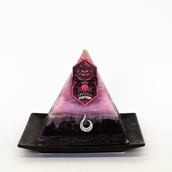 Soul-Terra Libra Zodiac Mystery Crystal Pyramid Candle-Real Crystals, Rings, Amulets and/or Runes Inside-12 Zodiacs-Natural Hemp Wick-75 Hours Burn Time-Candles with Healing Crystals