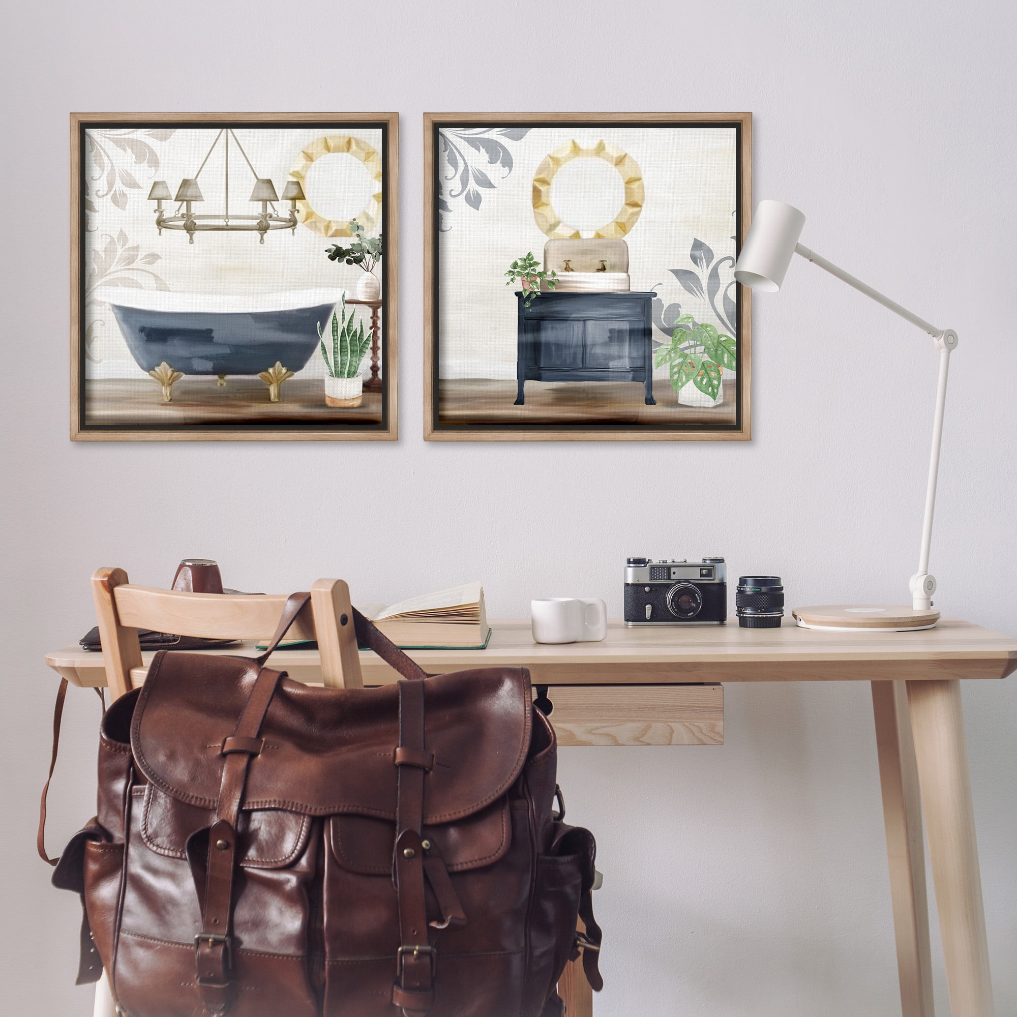 Stupell Industries Chic Bathroom Interior Still Life Abstract Painting Brown Floater Framed Canvas Art Print Wall Art, 25 x 25, Set of 2