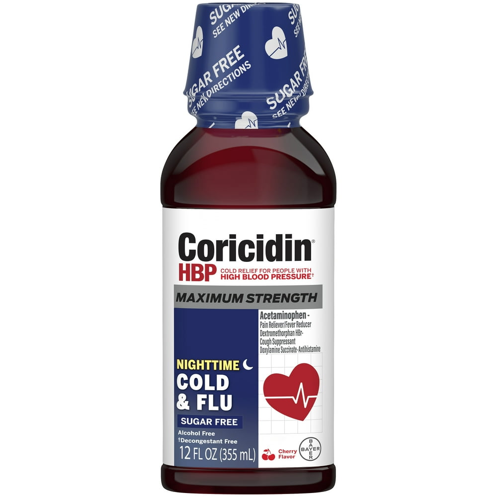 Coricidin HBP Maximum Strength Cold & Flu Night SugarFree Liquid, Cherry, 12 fl oz Walmart