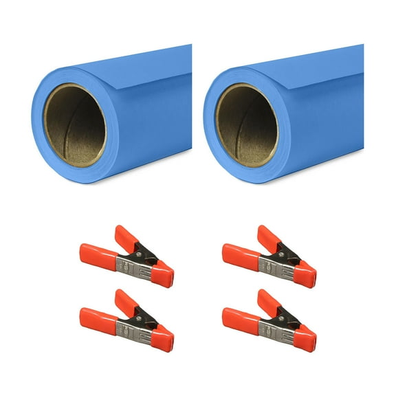 Savage 53"x36' Widetone Seamless Background Paper, Studio Blue, 2-Pack, Bundle with 4x 1-1/4x1" Steel Spring Orange Clamp