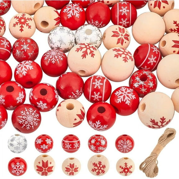 60Pcs 10 Styles Christmas Wooden Beads Snowflake Round Bead Bulk Natural Wood European Red Xmas Winter Painted Spacer Jute Cord for Bracelet Jewelry Making DIY Crafts Mixed ColorDIY