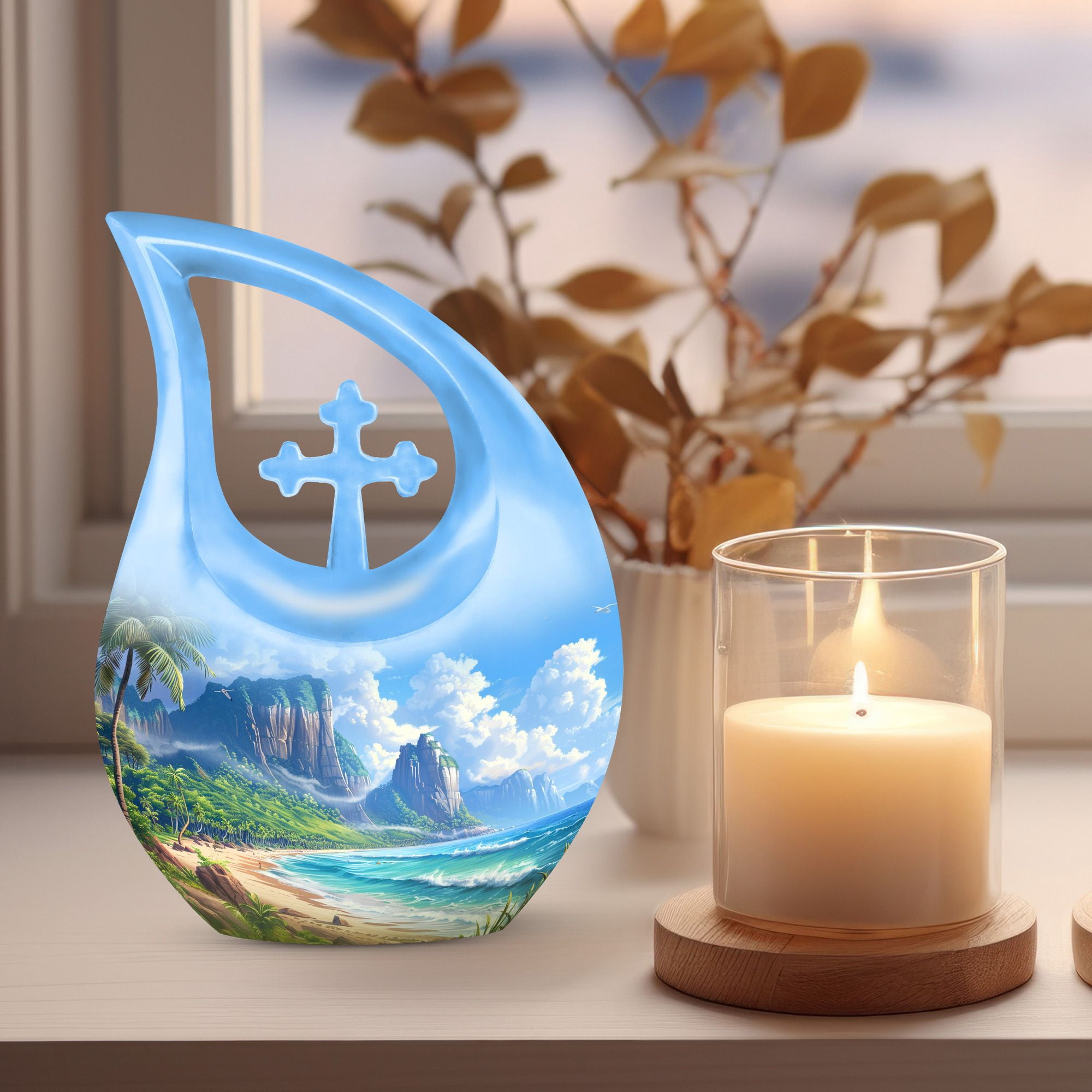 MUKTIVE Combo Sets (1 Large 10 ", 4 Keepsake 3 ") Beach,themed Cremation Urn for Human Ashes, Decorative Funeral & Burial Urn for Adults, Memorial Gift for Grandfather & Grandmother