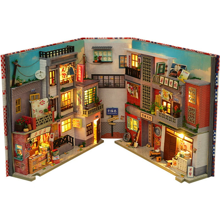 1pc DIY Book Nook Kit, DIY Dollhouse Book Nook Kit Bookshelf Insert Decor  Alley, 3D Wooden Educational Bookshelf Insert Decoration With LED, Bookend M