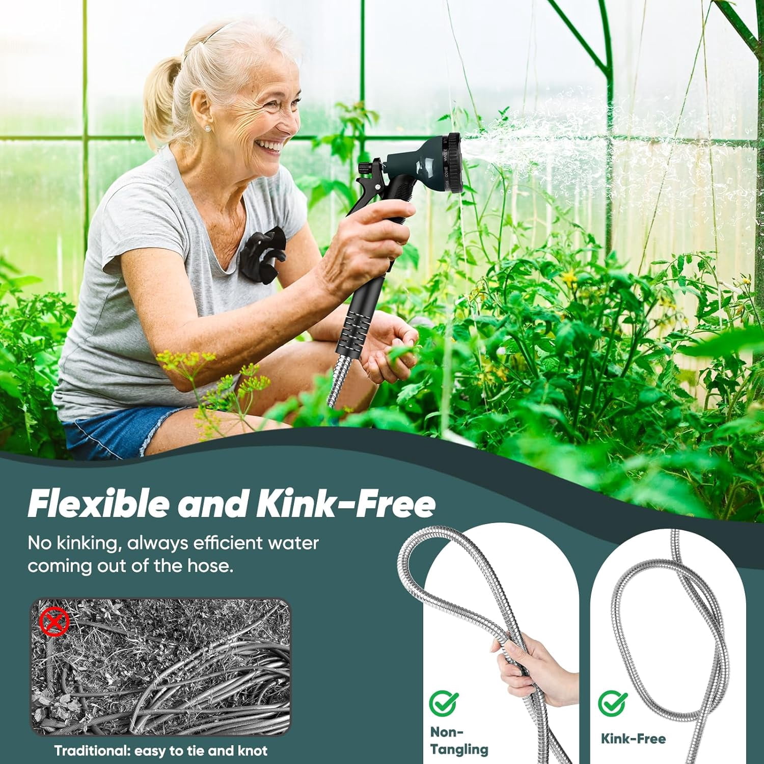 Garden Hose with 10-Function Nozzle, Leak-proof Metal Connector Hose, No Knots, Kink-Free Hoses, Lighter, Anti-Pets, Wear-Resistant, 3/4 GHT, Water Hose for Garden, Yard, Outdoor（75 FT）